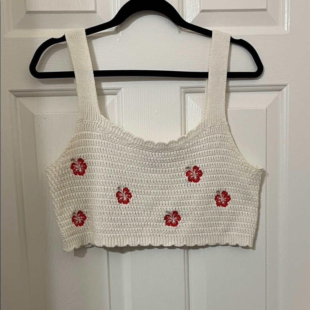 White Crochet Crop Top with Red Flowers